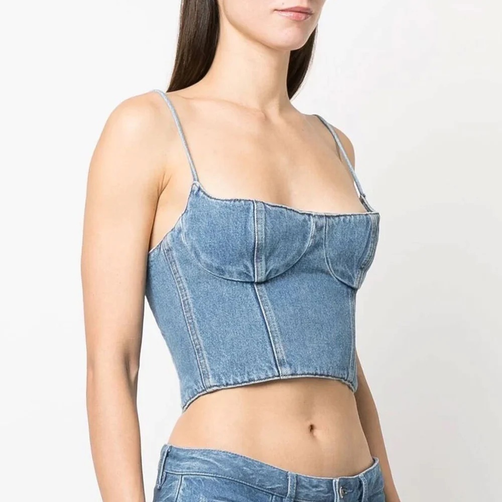 SPAGHETTI STRAP SMOCKED BACK CROPPED BUSTIER DEMIN TANK TOP